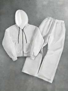 Manfinity Roghcode Bộ đồ thể thao nam thường ngày, áo hoodie có khóa kéo và quần nỉ màu trơn, phong cách đường phố, rộng rãi, họa tiết, đồ đôi, dành cho bạn bè, thể hiện tình yêu với bạn trai, phong cách đường phố, dành cho các cặp đôi. - Xám - Xem 2