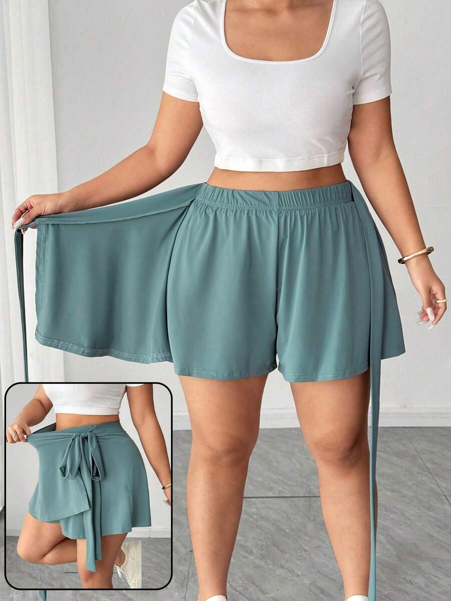 Elenzga Quần short buộc dây màu xanh bạc hà thời trang tối giản cho nữ cỡ lớn bằng vải lụa lạnh - Màu xanh Bạc hà - Xem 1