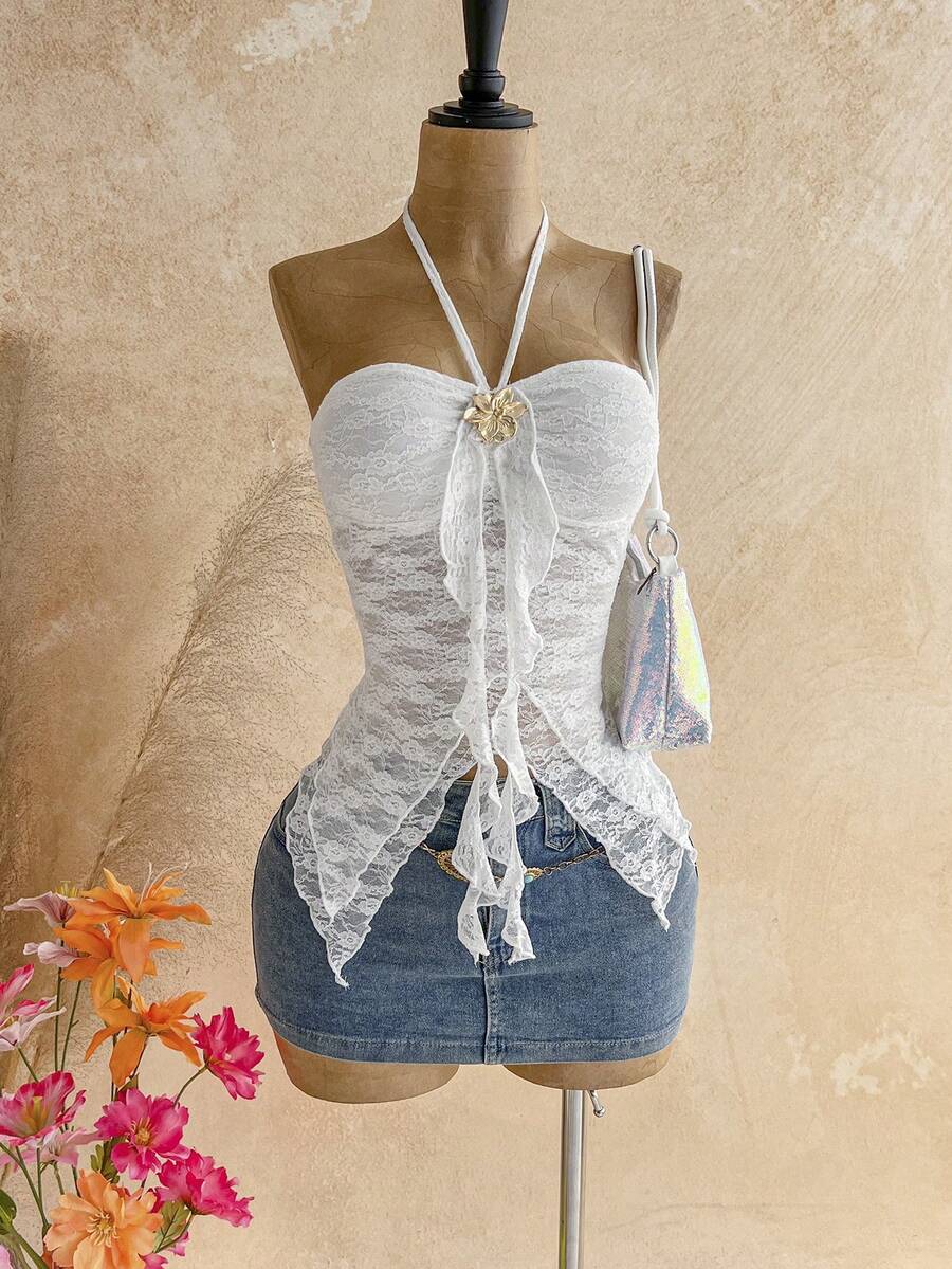 Soleia 女士不对称下摆贝壳装饰项链衬衫，适合海滩度假和夏季穿着 - 白色 - 查看 1