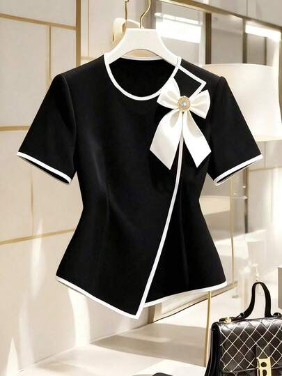 Franclia Plus Size Women's Elegant Contrast Color Trim Bow Decor Blouse, Summer