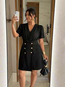 Firerie Đầm blazer nữ cỡ lớn, màu trơn, cổ chữ V xếp lớp, tay phồng ngắn, kiểu dáng thường ngày, cài hai hàng khuy. - màu đen - Xem 8