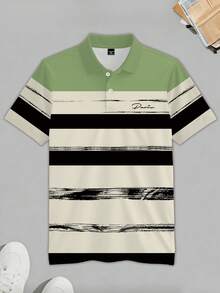 Manfinity EZcore Men's Green And Black Striped Polo Shirt, Mature Style Chest Logo Letter Casual Short Sleeve Top, Lightweight Business Casual Contrast Color Collar Short Sleeve T-Shirt, Daily Commute Polo Shirt - Multicolor - View 3