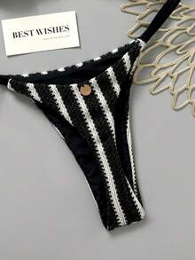 Swim Mod Women's Spring/Summer New Special Fabric Metal Decor V-Neck Halter Backless Triangle Top & Bikini Bottom Two Pieces Swimsuit - Black - View 5
