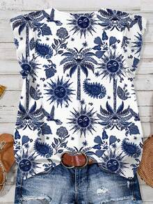 EMERY ROSE 休闲简约海岛度假风椰树太阳神腰果花印花V领荷叶边短袖上衣，适合秋季、夏季、度假穿着，大码可选 - 彩色 - 查看 2