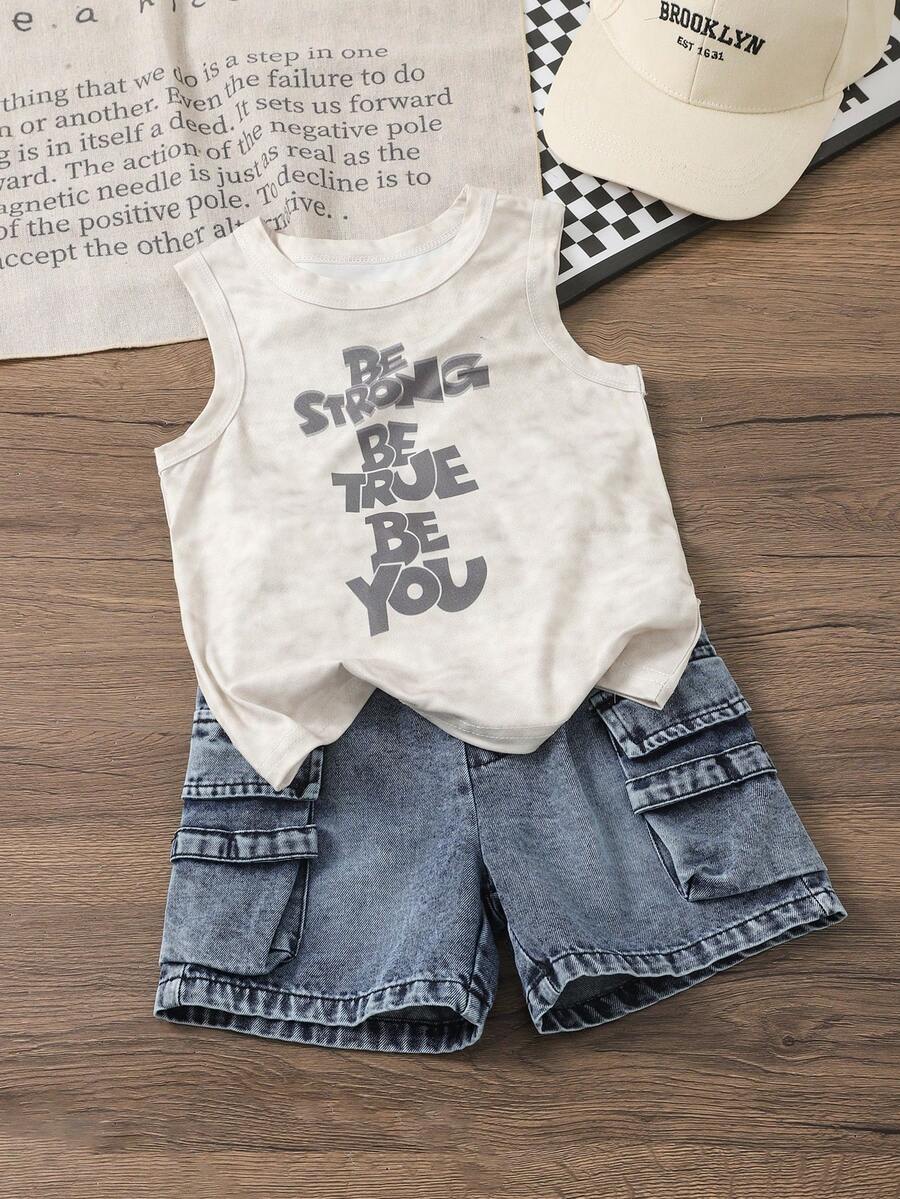SHEIN Bộ 2 món gồm áo không tay và quần short denim cho bé trai, phong cách đường phố thường ngày, kiểu retro, thích hợp cho mùa hè. - Xám - Xem 1