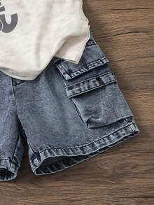 SHEIN Bộ 2 món gồm áo không tay và quần short denim cho bé trai, phong cách đường phố thường ngày, kiểu retro, thích hợp cho mùa hè. - Xám - Xem 8