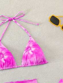 Swim Mod Women's Floral Print Halter Tie Swimwear Set - Purple - View 5
