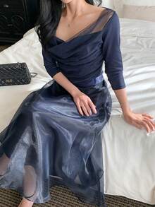 DAZY 2pcs Navy Blue Mesh Bodycon T-Shirt Set For Women - Navy Blue - View 1