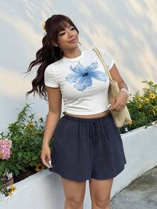 SHEIN EZwear 2件套加大码蓝白短裤，春夏新品 - 藍色 - 查看 3