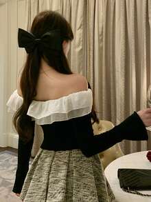 DAZY 春夏两用荷叶边撞色T恤，优雅百搭，适合情人节、婚礼、派对、时尚活动，修身露肩黑色长袖T恤 - 黑色 - 查看 9