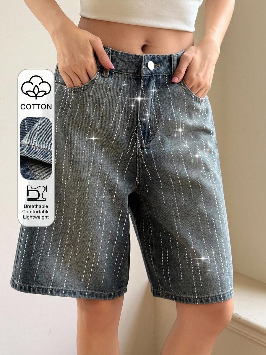 Livesso Women's Shiny Rhinestone Vintage Washed Loose Casual Street Music Festival Textured Striped Denim Shorts, Suitable For Summer And Spring Jorts - Medium Wash - View 1