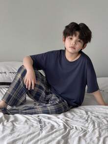Dazy Kids Tween Boy Solid Color Short Sleeve Top And Plaid Pants Pajama Set Summer - Navy Blue - View 6
