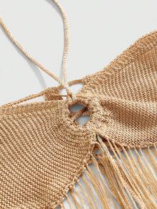 ROMWE Avant 女士复古度假风闪亮薄纱露背流苏下摆针织上衣 - 金色 - 查看 3