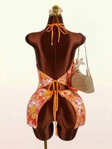 Amplova Women's Beaded Embroidered Fruit & Starfish Golden Yellow 2-Piece Swimsuit,Summer Elegant Casual Vacation Holiday Backless Halter Tie-Up Resort Wear - Burnt Orange - View 3
