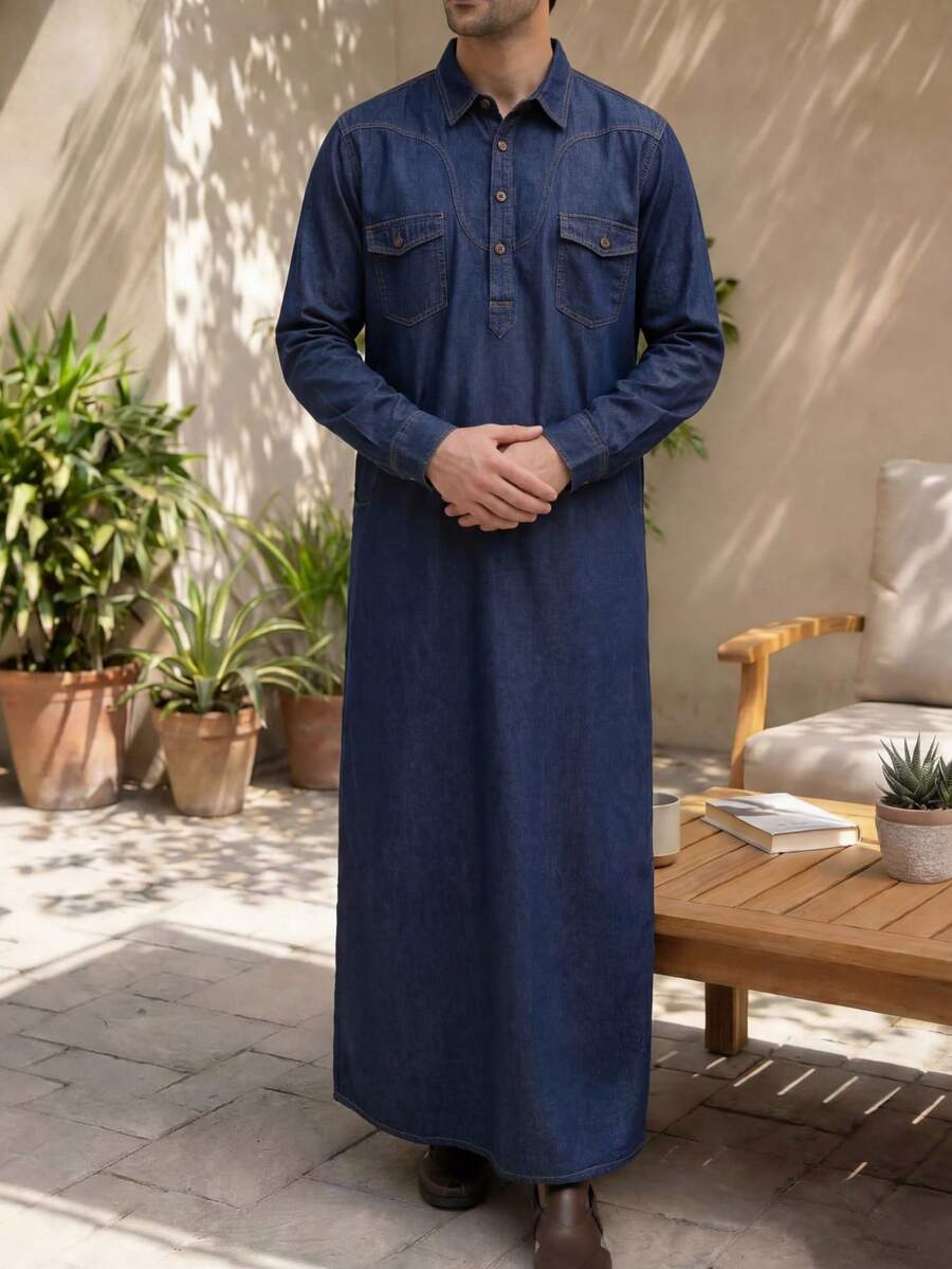 Manfinity RSRT Men's Casual Mandarin Collar Slim Fit Washed Blue Raw Denim Thobe, Comfortable For Daily Wear, Perfect For Iftar, Gift For Him,هدية - Blue - View 1