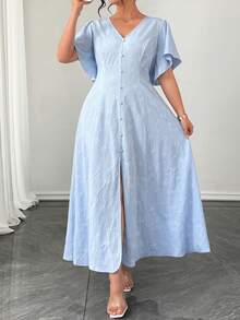 Elenzga Women's Elegant Commuter Casual Blue Jacquard V-Neck Irregular Ruffle Decor Button Fitted Waist Slimming Plus Size Maxi Dress, Spring/Summer - Sky Blue - View 3