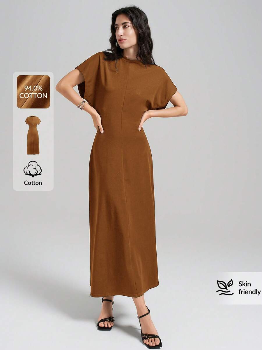 Ontre 女士四季腰身都市简约连衣裙，优雅蝙蝠袖长裙，教师装 - 棕色 - 查看 1