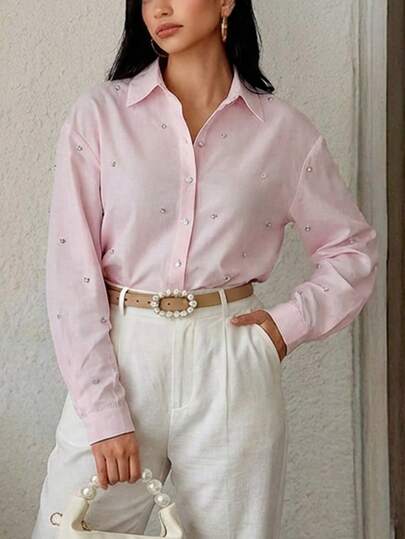 Modelyn 女士休闲工作服宽松水钻装饰落肩长袖衬衫，春秋季