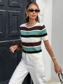 Serisse Women's Casual Colorblock Striped Short Sleeve Thin Cardigan, Spring/SummerAsymmetric - Multicolor - View 5