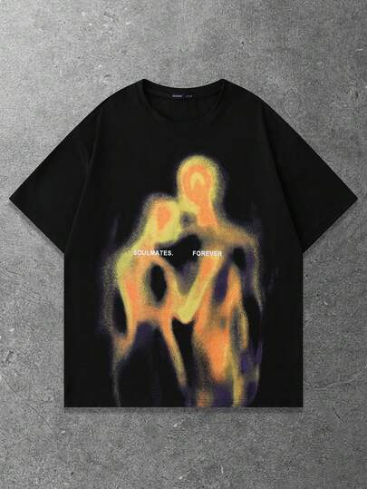 ROMWE MEN Street Life 男士复古街头剪影热成像人物印花短袖T恤，夏季款