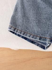 SHEIN Playful Pals 2件套女婴外出服，春夏休闲可爱风，蝴蝶结印花无袖吊带上衣和蝴蝶结装饰短牛仔裤 - 粉色 - 查看 4