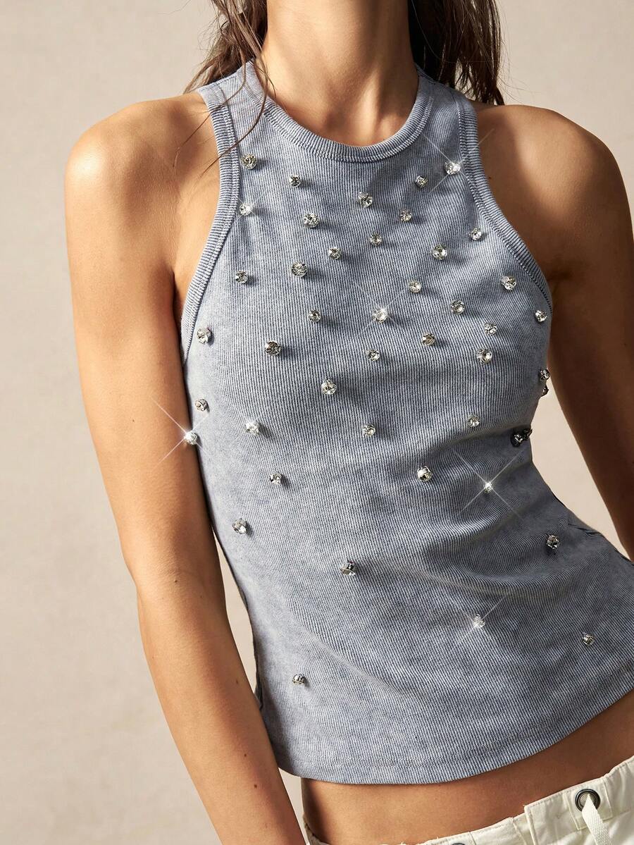 Bohemela Áo tank top dệt kim đính đá thủ công bóng bẩy phong cách Boho cho nữ - Xám - Xem 1
