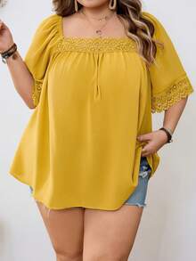 SHEIN CURVE+ Plus Size Women Floral Button Design Short Petal Sleeve Shirt - Yellow - View 7
