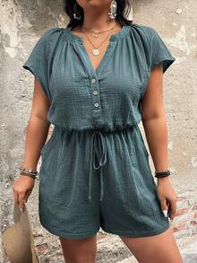 EMERY ROSE Plus Size Casual Everyday Comfortable Cotton Jumpsuit With Raglan Sleeves And Waist Cinching - Blue - View 5