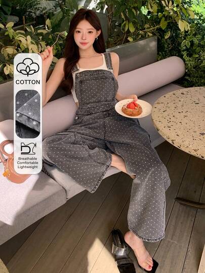 DAZY Quần jeans nữ dáng rộng, thoải mái, màu xám bạc, họa tiết chấm bi, ống đứng, có túi lớn, phong cách đường phố thời trang, phù hợp cho mùa xuân và hè.