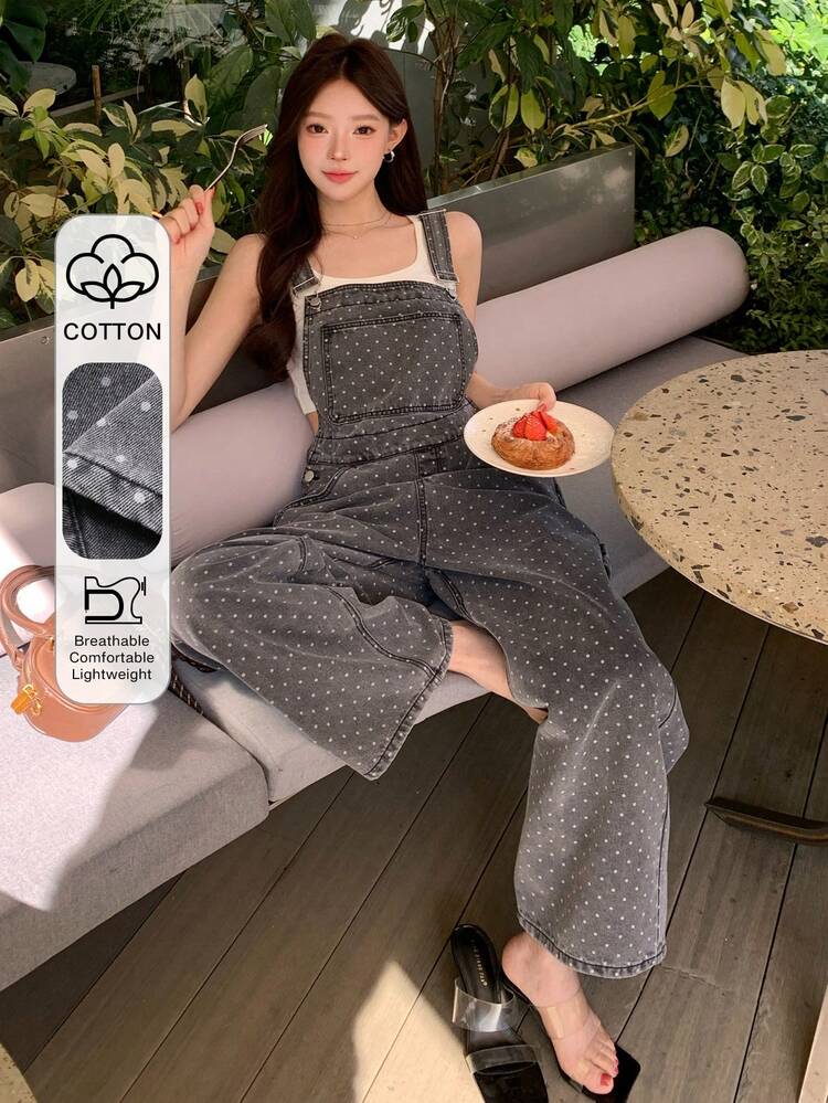 Women's Loose Casual Vintage Washed Gray Polka Dot Print Outdoor Straight Leg Jeans With Large Pockets, Fashionable Street Style, Suitable For Spring & Summer