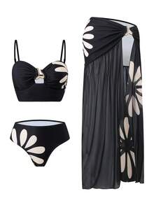 Swim Oasis Conjunto de traje de baño de 3 piezas con falda de malla estampada de moda premium para mujer, verano - Multicolor - Ver 1