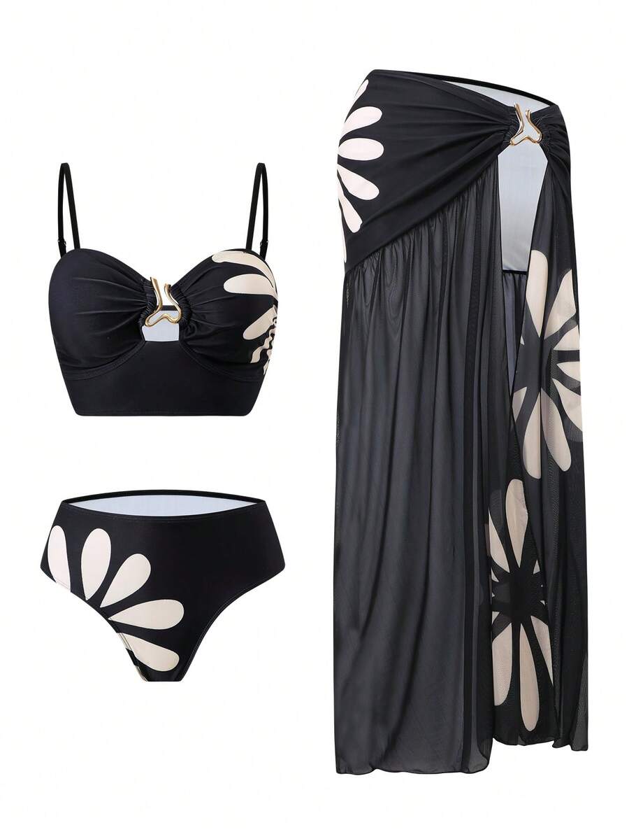 Swim Oasis Conjunto de traje de baño de 3 piezas con falda de malla estampada de moda premium para mujer, verano - Multicolor - Ver 1