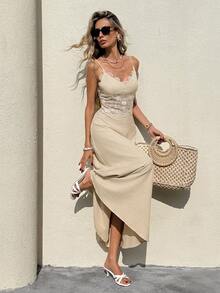 SHEIN Frenchy 女士撞色蕾丝优雅吊带连衣裙 - 杏色 - 查看 1