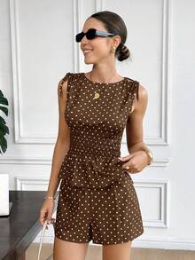 Serisse 2 piezas Conjunto casual de mujer con blusa con volantes y lunares y shorts - Marrón - Ver 7