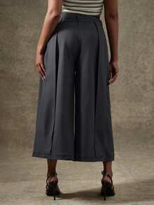 Vixey Quần culotte công sở cạp cao, chất liệu dệt trơn, có chi tiết phối vải. - Màu xám đen - Xem 4