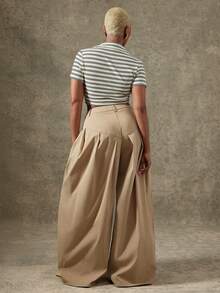Vixey 纯色梭织低腰褶裥阔腿裤 - 卡其色 - 查看 5