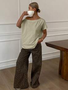 Livesso Damen Asymmetrisches Schulter Kurzarm T-Shirt für den Sommer - Aprikosenfarben - Übersicht 3