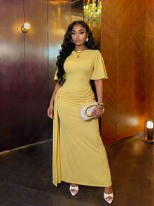 Slaydiva 2025 New Elegant Sexy Long Dress, Waist Cinched, High Slit, Batwing Sleeves, Cream Yellow, For Party, Birthday, Bar, Nightclub, Valentine's Day, Halloween, Christmas, Wedding, Cocktail - Pale Yellow - View 5