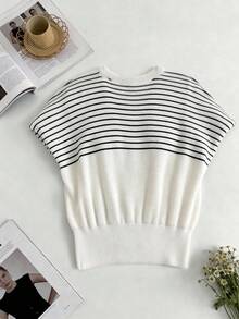 SHEIN Navy Stripe Short Sleeve Denim Jacquard Tshirt Sweater - Apricot - View 3