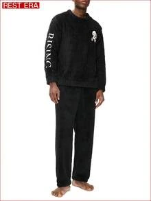 Manfinity Underwear&Sleepwear Basics Men's Fleece Sleepwear Top (Comfortable & Soft Men's Pajama Set) - Black - View 4
