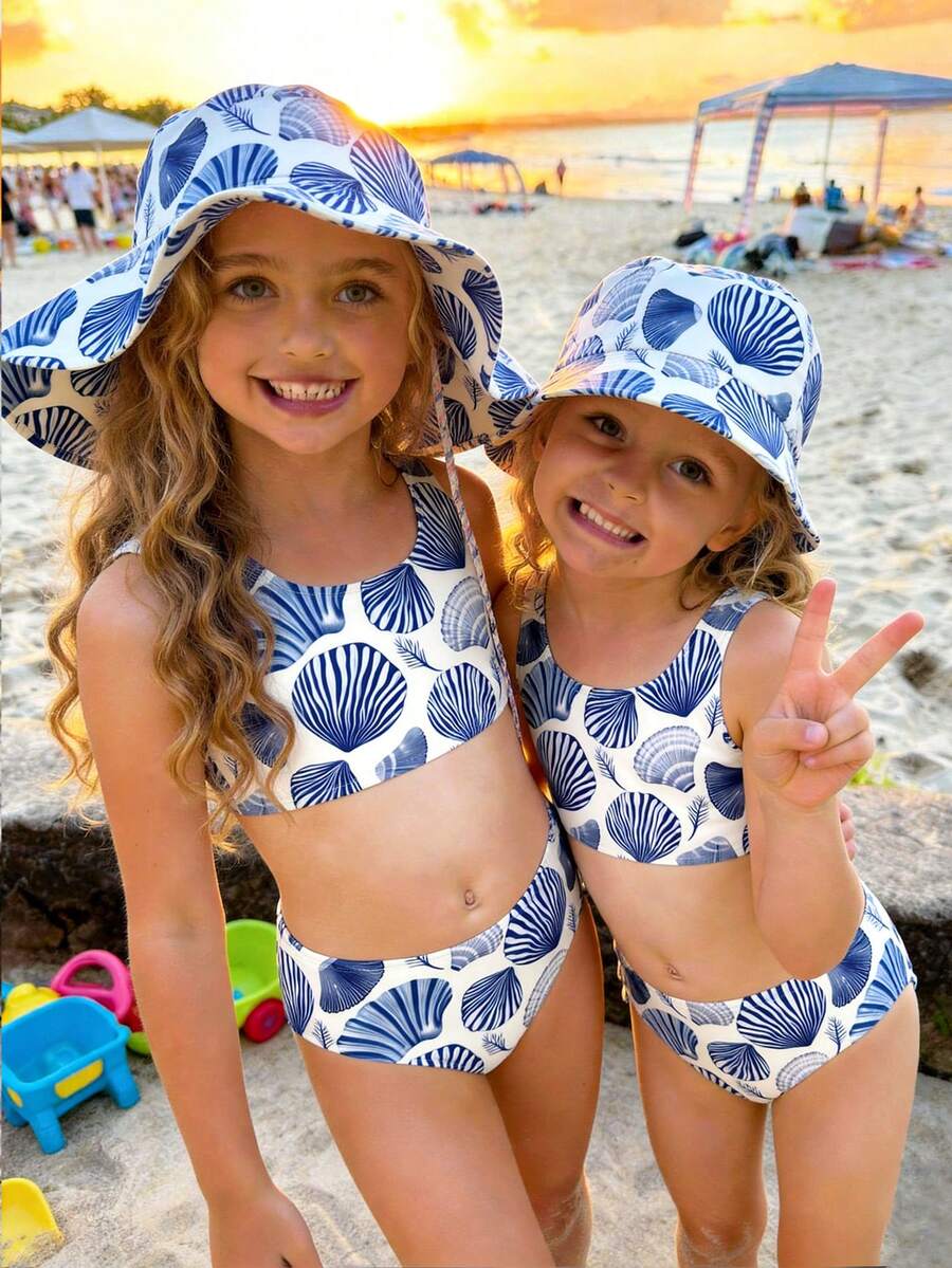 少女贝壳印花比基尼和三角裤休闲简约套装，适合夏季度假和海滩穿着 - 彩色 - 查看 1