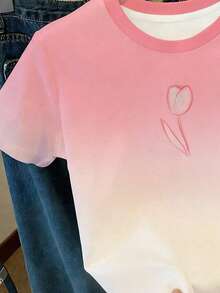 SHEIN Estilo de moda muy vendido, camiseta de manga corta con tulipán rosa degradado para niñas jóvenes, estilo de nicho para compras, estilo de moda para primavera y verano - Multicolor - Ver 6