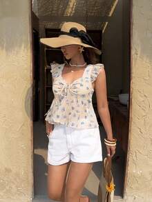 Serisse 女士印花前系带短袖时尚衬衫 - 藍白色 - 查看 4