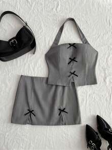 Elamini Women's Spring/Summer Square Neck Bow Tie Cropped Tight Vest & Low Waist Mini A-Line Slit Skirt Suit Set - Grey - View 1