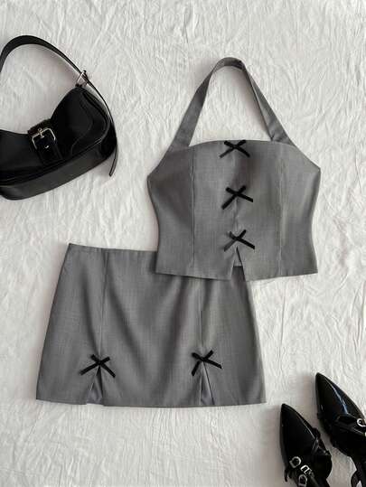 Elamini بدلة نسائية مكونة من سترة ضيقة بياقة مربعة وربطة عنق وتنورة قصيرة ذات خصر منخفض وشق، مناسبة للربيع والصيف