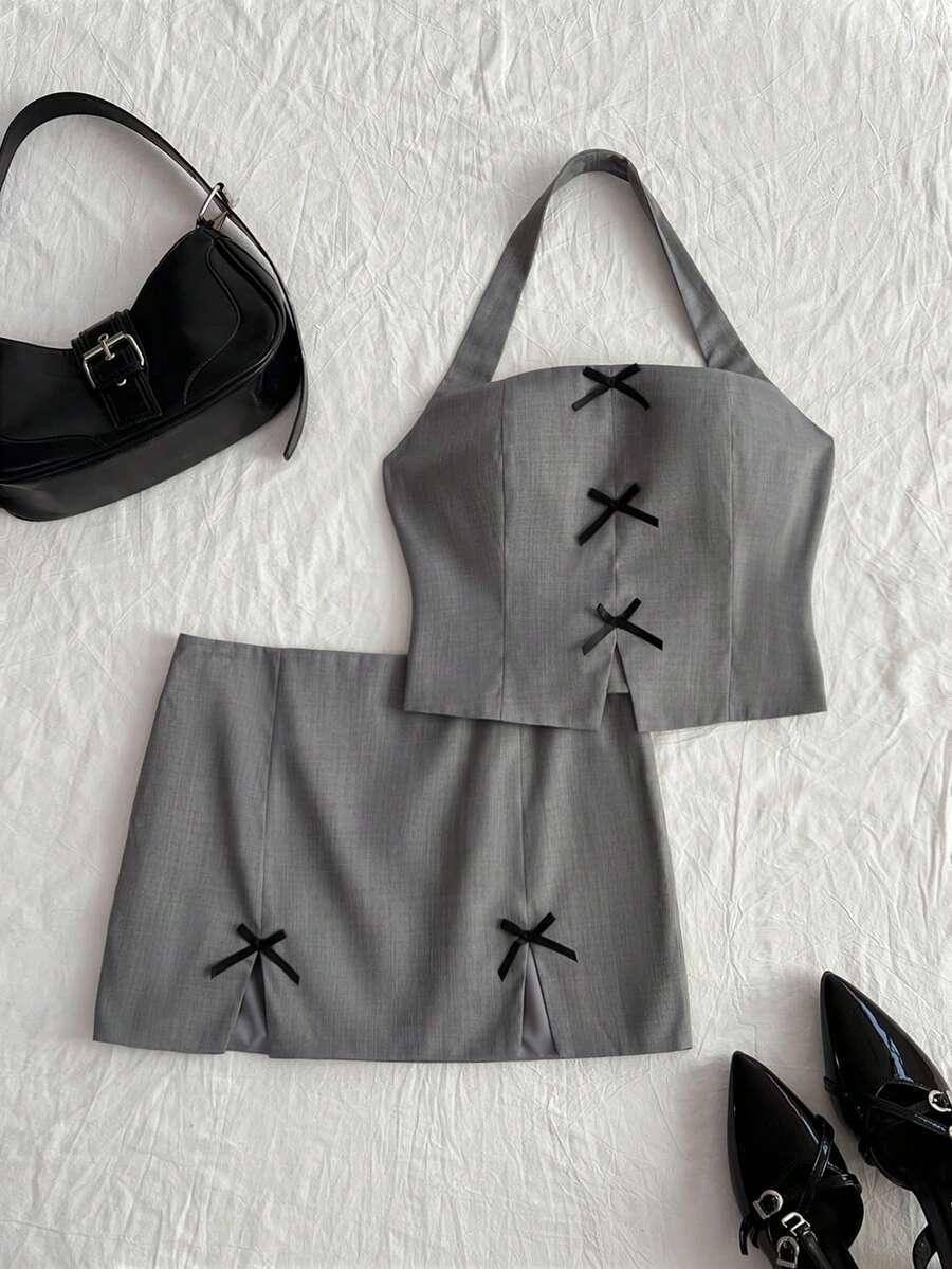 Elamini Women's Spring/Summer Square Neck Bow Tie Cropped Tight Vest & Low Waist Mini A-Line Slit Skirt Suit Set - Grey - View 1