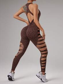 Slayform 女士无缝深V领交叉露背性感镂空运动连体裤，适合跑步、健身、瑜伽、舞蹈 - 咖啡棕 - 查看 5