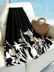 Franclia 女士优雅A字裙，裙摆呈喇叭形，适合正式和休闲办公场合，印花中长裙，女士度假中长裙，女士中长裙 - 黑色 - 查看 1