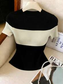 Elenzga Women's Contrast Color Round Neck Short Sleeve Casual Ribbed T-Shirt - Multicolor - View 4