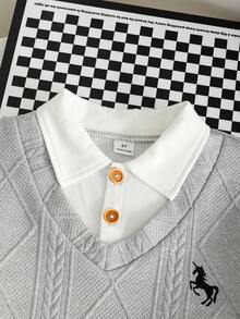 SHEIN Explorewe 男童休闲刺绣提花面料短袖T恤短裤套装（2件套），舒适透气，适合日常休闲户外穿着，春夏皆宜。 - 淺灰色 - 查看 6